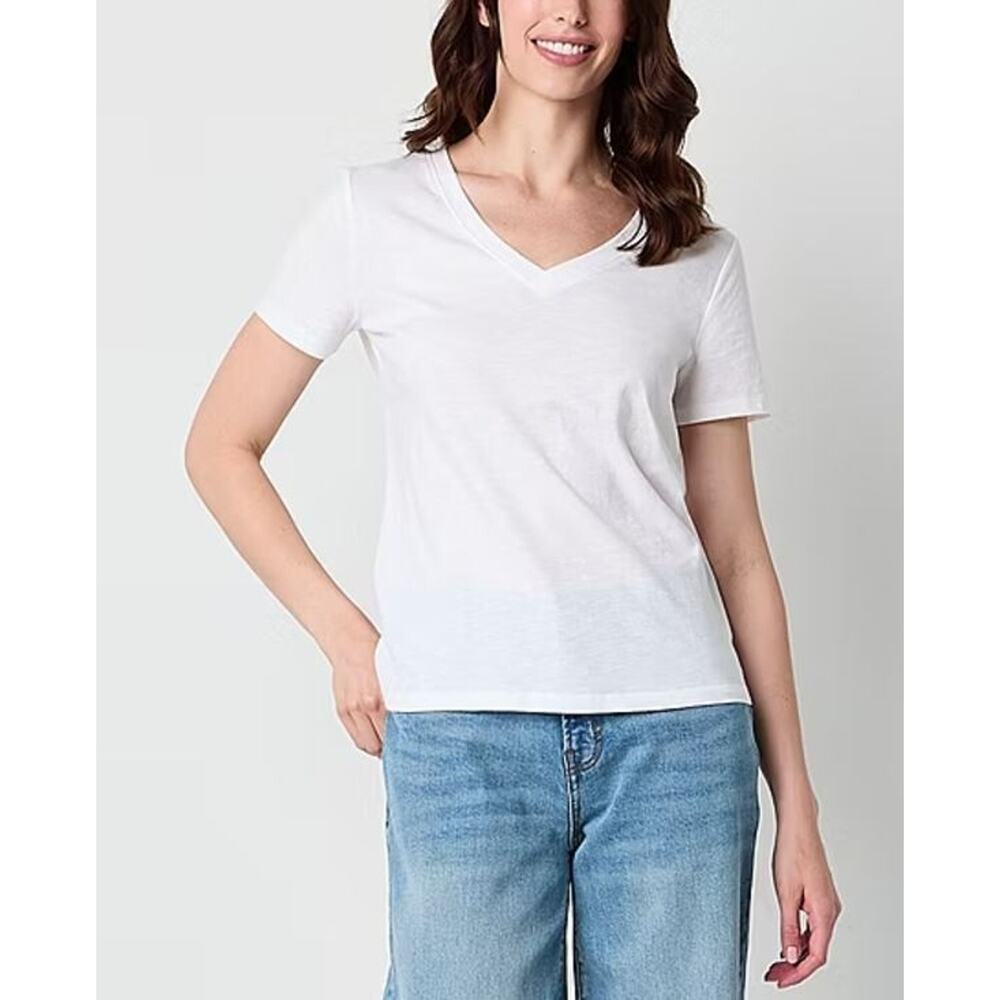 a.n.a Womens V-Neck Cotton Blend V-Neck Short Sleeve T-Shirt in White XLarge $14